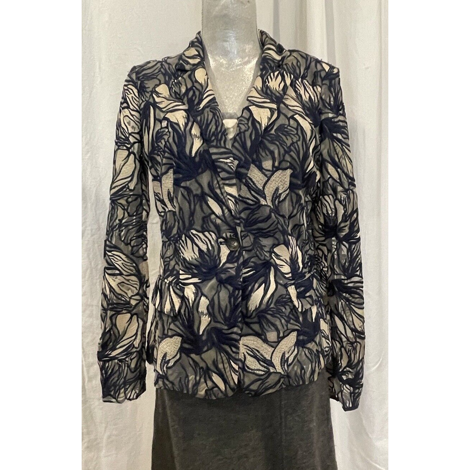 Dkny Black Label Blazer Jacket In Blue, Cream & Black Lace, Elegant Dressy, Sz 4